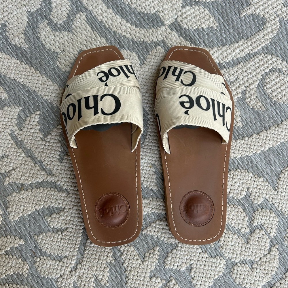 Chloe Brown and Cream Logo Canvas Slide Sandals